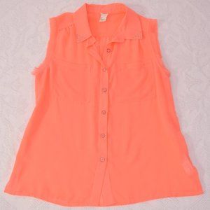 Forever 21 Fluorescent Neon Coral Button Studded Sheer Shirt Tank Top Blouse S